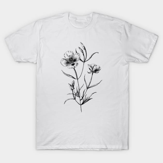 California Poppy Flower Black and White Vintage Botanical Illustration, T-Shirt by Biophilia